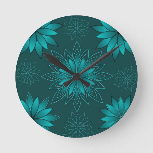 Teal Leaf Mandala Design on Dark Cyan Round Clock (Front)