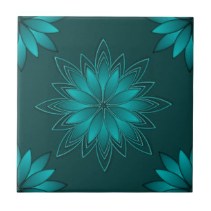Teal Leaf Mandala Design on Dark Cyan Tile