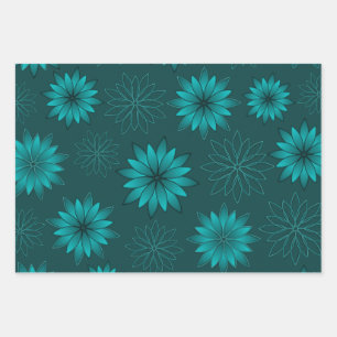 Teal Leaf Mandala Design on Dark Cyan Wrapping Paper Sheet