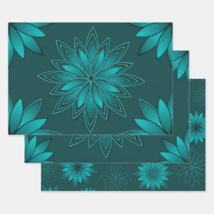 Teal Leaf Mandala Design on Dark Cyan Wrapping Paper Sheet