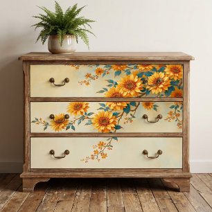 Teal Leaf Vintage Sunflower Branch Decoupage Tissue Paper