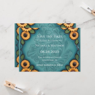 Teal Leather Tooled & Sunflowers Save the Date Invitation
