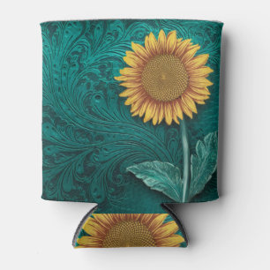 Teal Leather Tooled Yellow Sunflower Can Cooler
