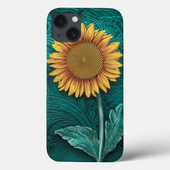 Teal Leather Tooled Yellow Sunflower Case-Mate iPhone Case (Back)