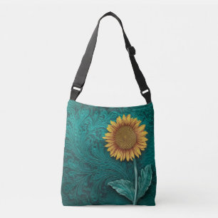 Teal Leather Tooled Yellow Sunflower Crossbody Bag