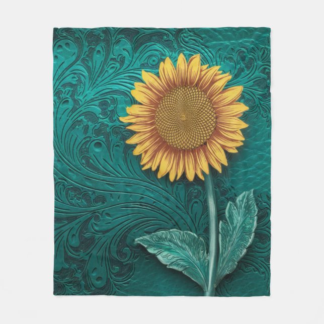 Teal Leather Tooled Yellow Sunflower Fleece Blanket (Front)