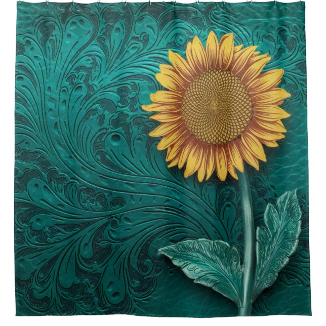 Teal Leather Tooled Yellow Sunflower Shower Curtain (Front)