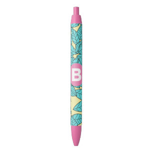 Teal Leaves Botanical Pattern Bright Pink Monogram Black Ink Pen