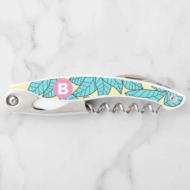 Teal Leaves Botanical Pattern Bright Pink Monogram Corkscrew (Front)
