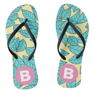 Teal Leaves Botanical Pattern Bright Pink Monogram Jandals