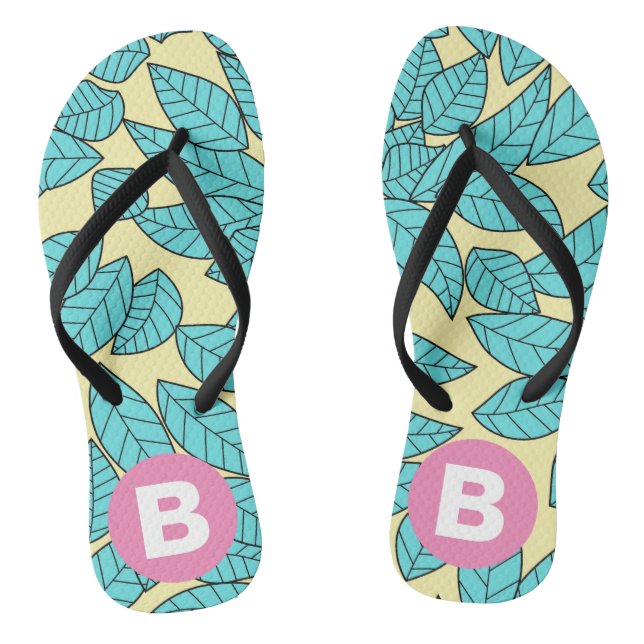 Teal Leaves Botanical Pattern Bright Pink Monogram Jandals (Footbed)