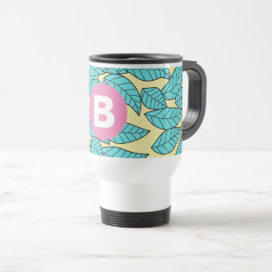 Teal Leaves Botanical Pattern Bright Pink Monogram Travel Mug