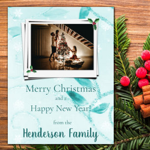 Teal Leaves Flat Holiday Photo Card