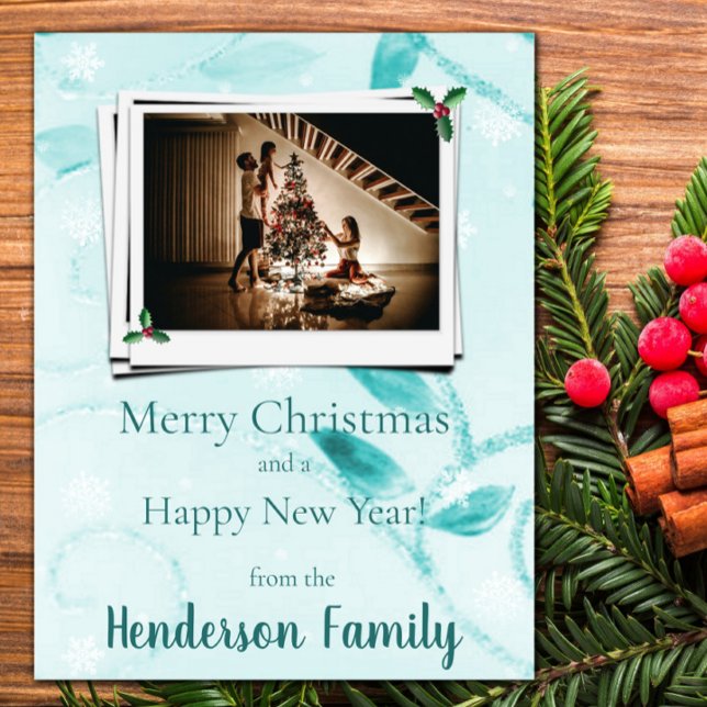 Teal Leaves Flat Holiday Photo Card (Teal Leaves Flat Holiday Photo Card)