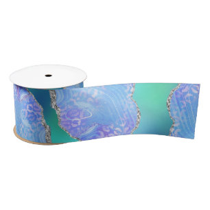 Teal Leopard Agate   Glam Abstract Stone Pattern Satin Ribbon