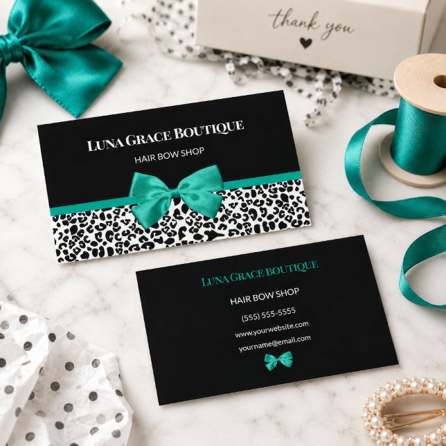 Teal Leopard Bow Hair Bow Shop Business Card (Teal Leopard Bow Hair Bow Shop Business Card
)