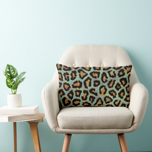 Teal leopard chic animal print throw pillow (Chair)