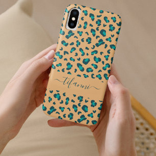 Teal Leopard Print Tan Editable Name Case-Mate iPhone Case