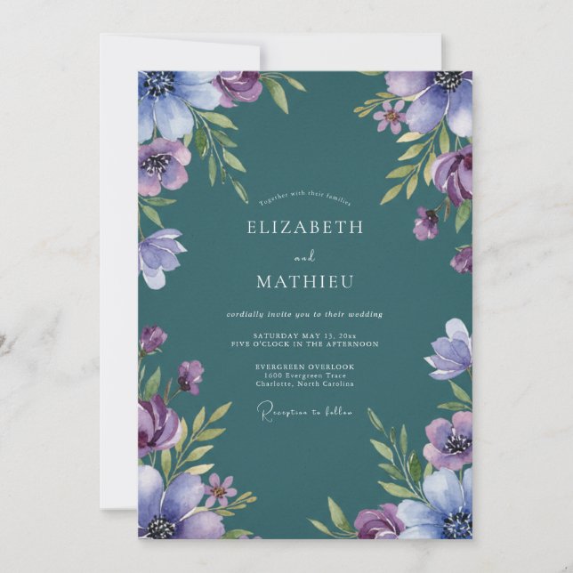 Teal Lilac Wildflower Wedding Invitation (Front)
