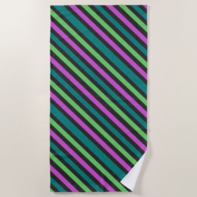 Teal, Lime Green, Hot Pink Glitter Striped STaylor Beach Towel (Front)