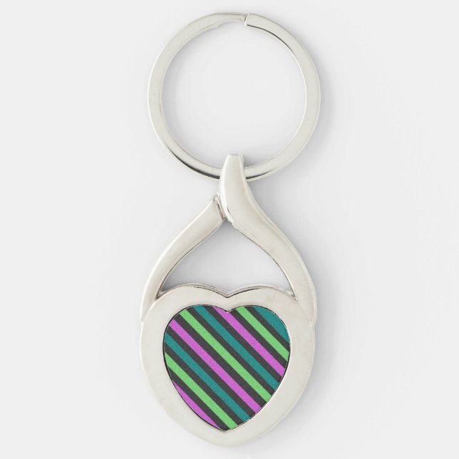 Teal, Lime Green, Hot Pink Glitter Striped STaylor Key Ring (Front)