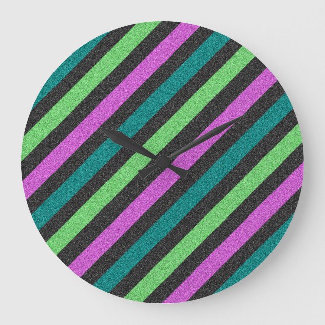 Teal, Lime Green, Hot Pink Glitter Striped STaylor Large Clock (Front)