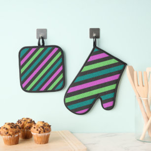 Teal, Lime Green, Hot Pink Glitter Striped STaylor Oven Mitt & Pot Holder Set