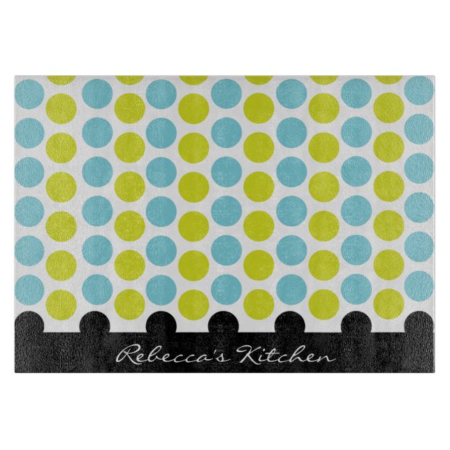 Teal & Lime Green Polka Dots Personalised Cutting Board (Front)