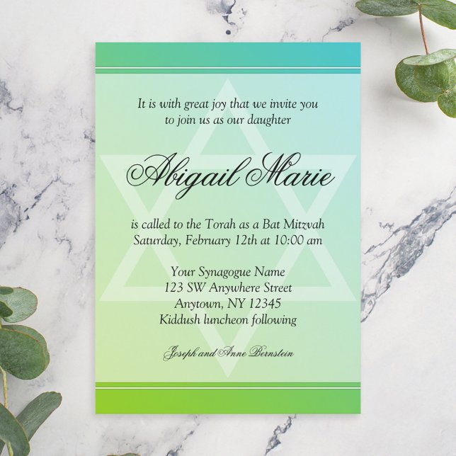 Teal Lime Green Star of David Bat Mitzvah Invitation (Creator Uploaded)