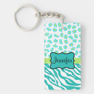 Teal Lime Green & White Zebra & Cheetah Skin Key Ring