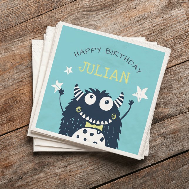 Teal | Little Monster Personalized Birthday Party Napkin (Creator Uploaded)