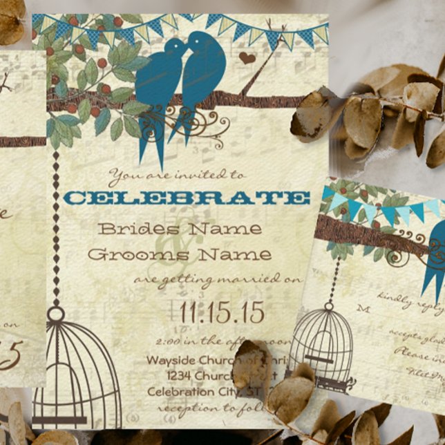 Teal Love Birds Sitting In a Bunting Tree Wedding Invitation (Creator Uploaded)