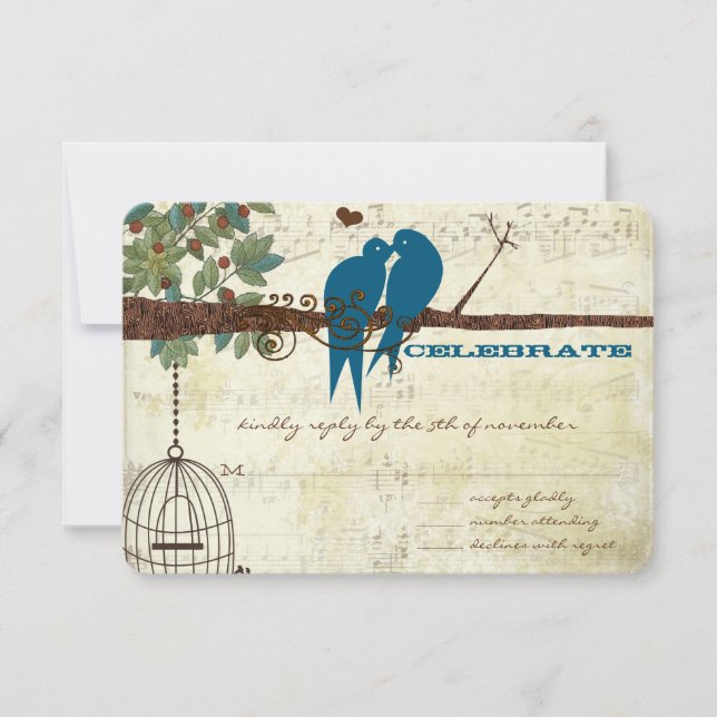 Teal Love Birds Sitting In a Tree Wedding RSVP Card (Front)
