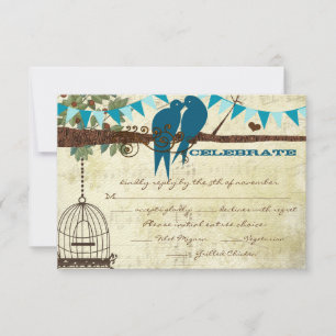 Teal Love Birds Sitting In a Tree Wedding RSVP Card