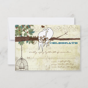 Teal Love Birds Sitting In a Tree Wedding RSVP Invitation