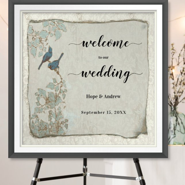 Teal Love Birds Wedding Welcome Sign (To see frame and mat pricing,  please choose your options.)