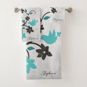 Teal Lovebirds Bath Towel Set