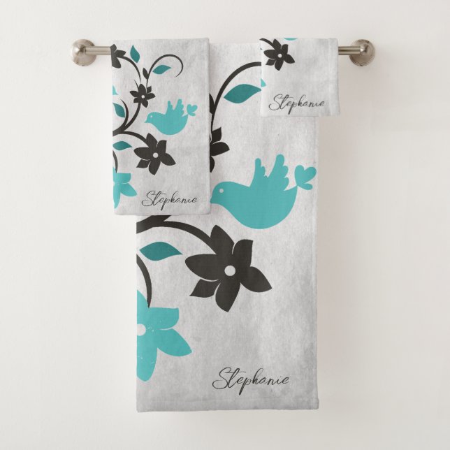 Teal Lovebirds Bath Towel Set (Insitu)