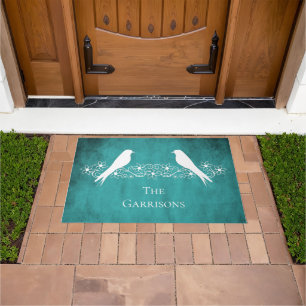 Teal Lovebirds Floral Vine Personalised Doormat