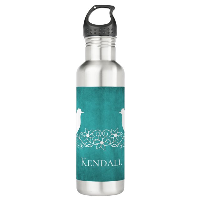 Teal Lovebirds Floral Vine Water Bottle (Front)