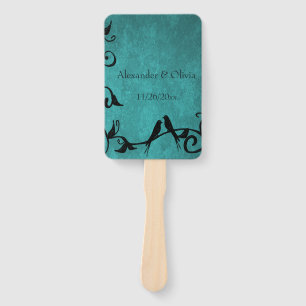 Teal Lovebirds Hand Fan