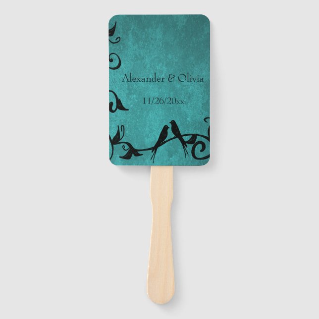 Teal Lovebirds Hand Fan (Front)