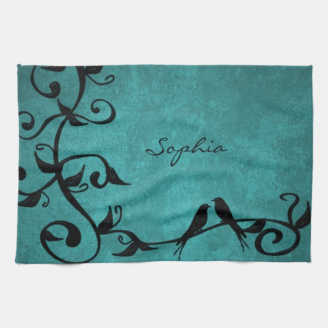 Teal Lovebirds Kitchen Towel (Horizontal)