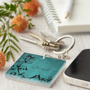 Teal Lovebirds Personalised Acrylic Keychain