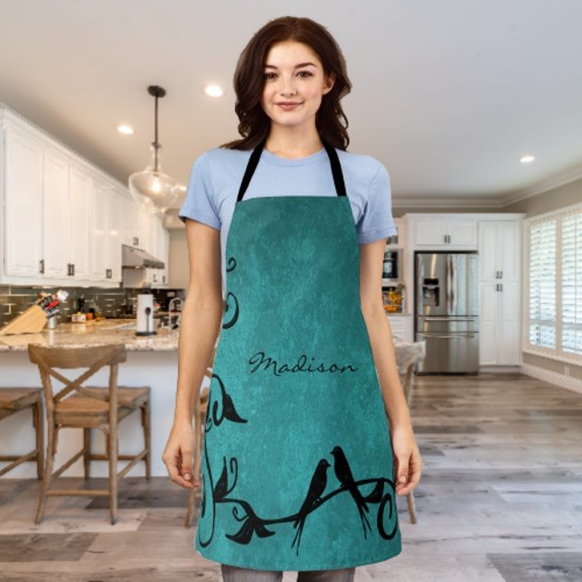 Teal Lovebirds Personalised Apron (Teal Lovebirds Personalized Apron)