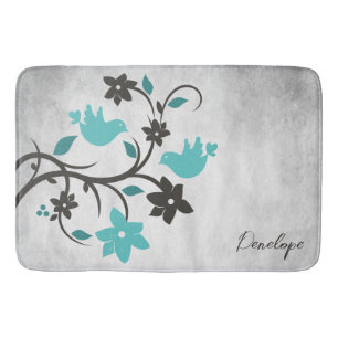 Teal Lovebirds Personalised Bath Mat