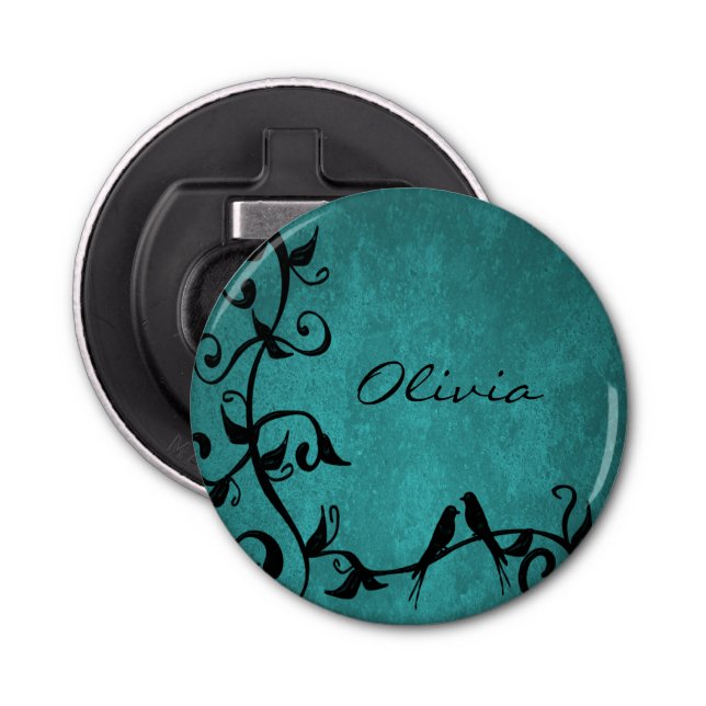 Teal Lovebirds Personalised Bottle Opener (Front)