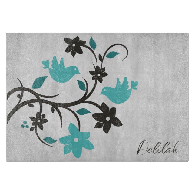 Teal Lovebirds Personalised Cutting Board (Front)
