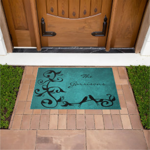Teal Lovebirds Personalised Doormat