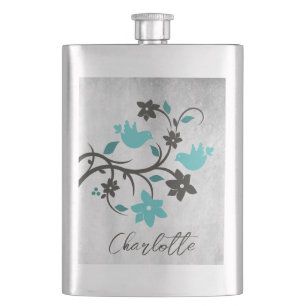Teal Lovebirds Personalised Flask